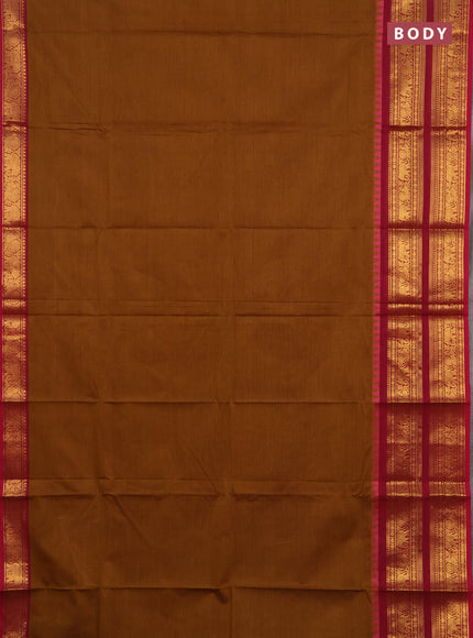 Chettinad cotton saree dark mustard and pink with plain body and long rettapet zari woven border
