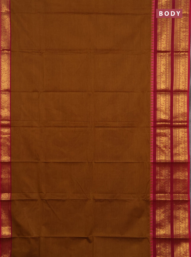 Chettinad cotton saree dark mustard and pink with plain body and long rettapet zari woven border