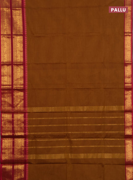 Chettinad cotton saree dark mustard and pink with plain body and long rettapet zari woven border