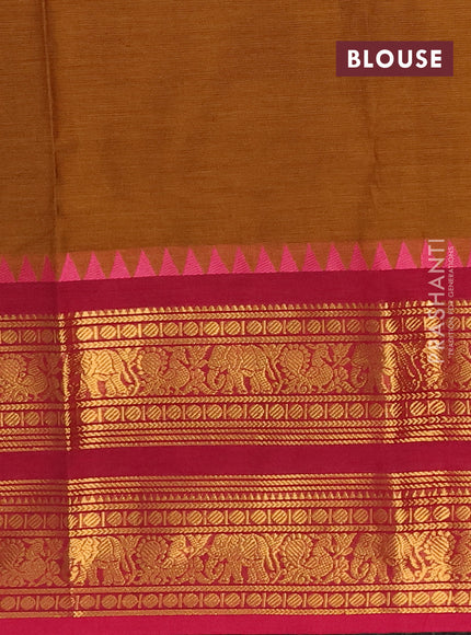 Chettinad cotton saree dark mustard and pink with plain body and long rettapet zari woven border