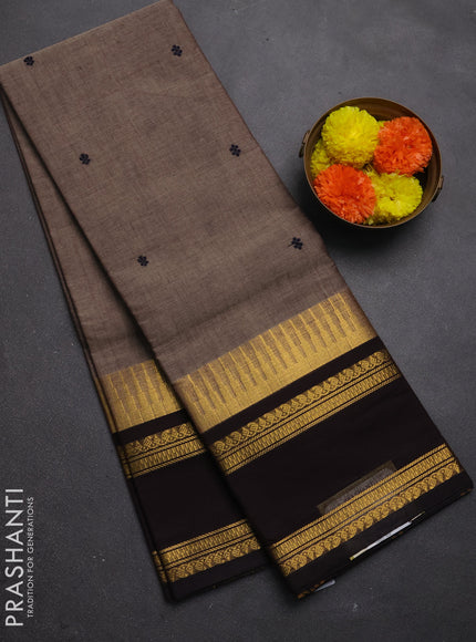 Chettinad cotton saree chikku shade and coffee brown with thread woven buttas and rettapet zari woven border