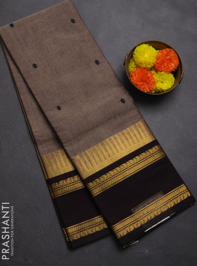 Chettinad cotton saree chikku shade and coffee brown with thread woven buttas and rettapet zari woven border