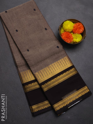 Chettinad cotton saree chikku shade and coffee brown with thread woven buttas and rettapet zari woven border