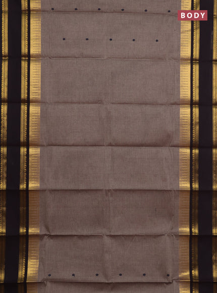 Chettinad cotton saree chikku shade and coffee brown with thread woven buttas and rettapet zari woven border