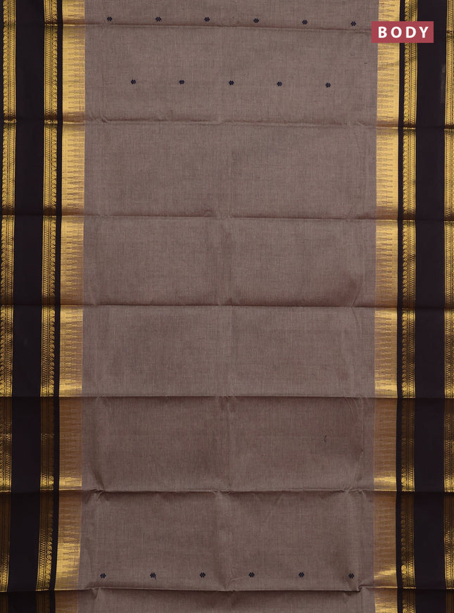 Chettinad cotton saree chikku shade and coffee brown with thread woven buttas and rettapet zari woven border