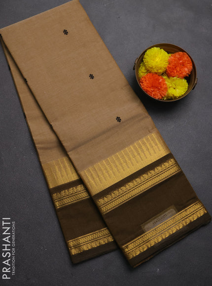 Chettinad cotton saree sandal and mehendi green with thread woven buttas and rettapet zari woven border