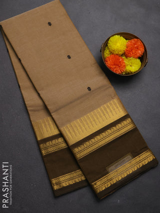 Chettinad cotton saree sandal and mehendi green with thread woven buttas and rettapet zari woven border