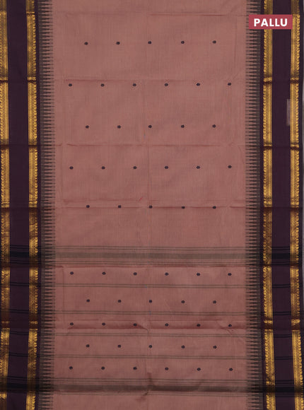 Chettinad cotton saree pastel brown and jamun shade with thread woven buttas and rettapet zari woven border