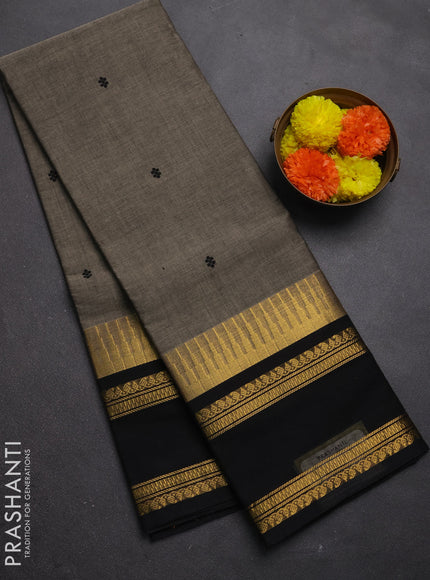 Chettinad cotton saree chikku shade and black with thread woven buttas and long rettapet zari woven border