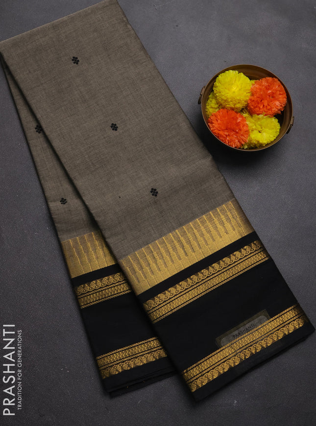 Chettinad cotton saree chikku shade and black with thread woven buttas and long rettapet zari woven border