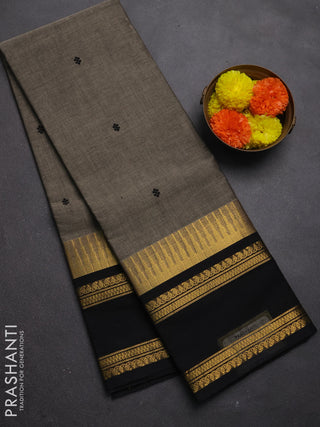 Chettinad cotton saree chikku shade and black with thread woven buttas and long rettapet zari woven border
