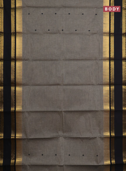 Chettinad cotton saree chikku shade and black with thread woven buttas and long rettapet zari woven border