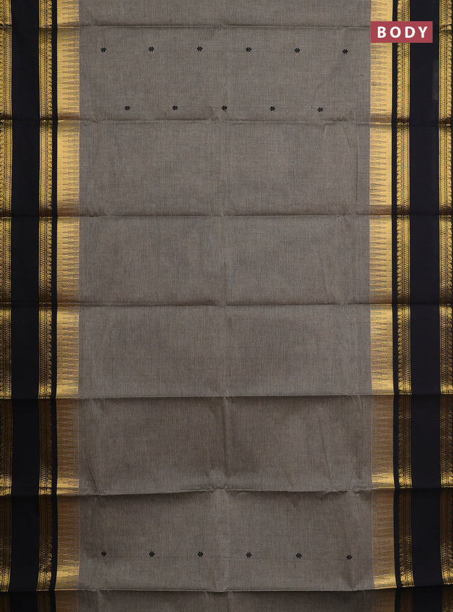 Chettinad cotton saree chikku shade and black with thread woven buttas and long rettapet zari woven border