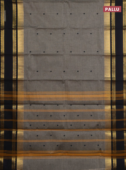 Chettinad cotton saree chikku shade and black with thread woven buttas and long rettapet zari woven border