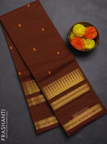 Chettinad cotton saree dark mustard with thread woven buttas and long rettapet zari woven border
