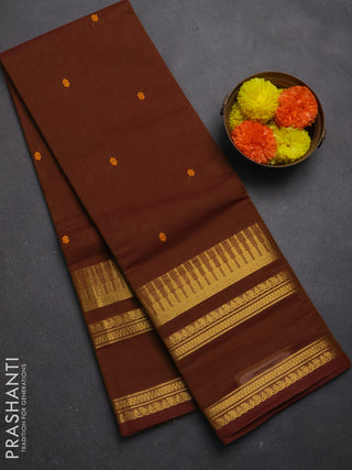 Chettinad cotton saree dark mustard with thread woven buttas and long rettapet zari woven border
