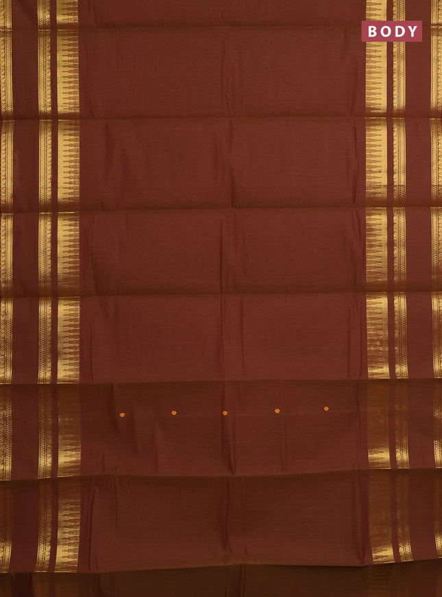 Chettinad cotton saree dark mustard with thread woven buttas and long rettapet zari woven border