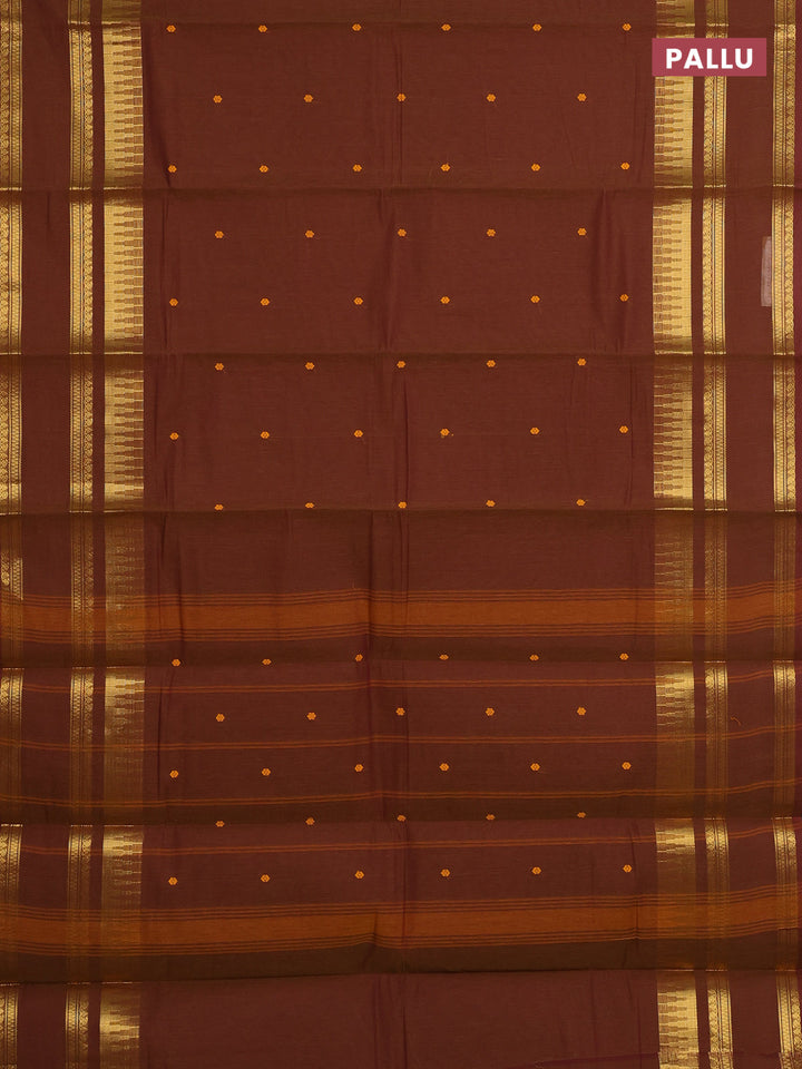 Chettinad cotton saree dark mustard with thread woven buttas and long rettapet zari woven border