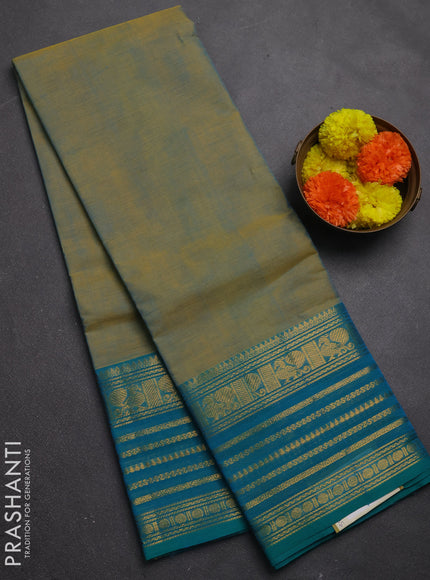 Chettinad cotton saree dual shade of teal green and teal blue with plain body and long zari woven border