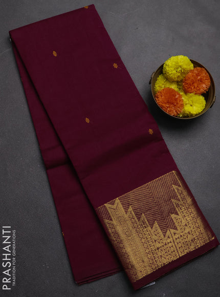 Chettinad cotton saree dark magenta pink with thread woven buttas and long temple design zari woven border