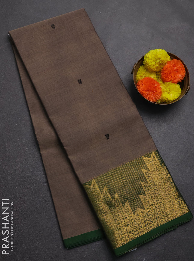 Chettinad cotton saree chiku shade and green with thread woven buttas and long temple design zari woven border