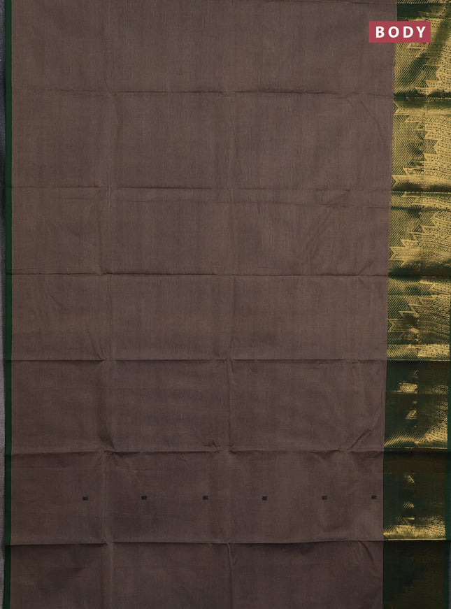 Chettinad cotton saree chiku shade and green with thread woven buttas and long temple design zari woven border