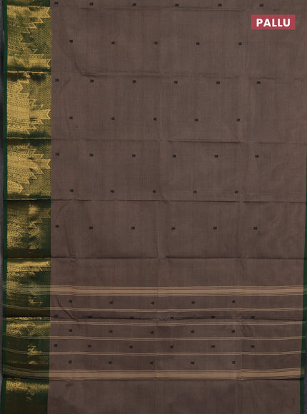 Chettinad cotton saree chiku shade and green with thread woven buttas and long temple design zari woven border