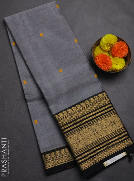 Chettinad cotton saree grey and black with thread woven buttas and long zari woven border