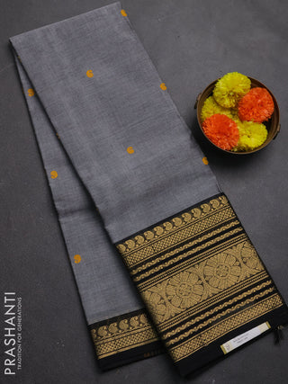Chettinad cotton saree grey and black with thread woven buttas and long zari woven border