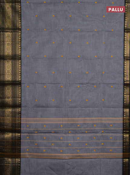 Chettinad cotton saree grey and black with thread woven buttas and long zari woven border