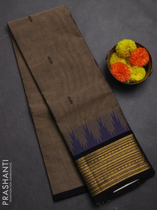 Chettinad cotton saree chikku shade and black with thread woven buttas and temple design zari woven border