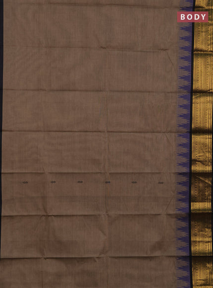 Chettinad cotton saree chikku shade and black with thread woven buttas and temple design zari woven border