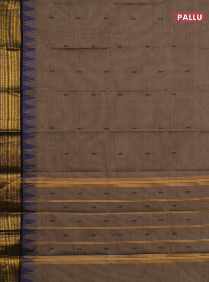 Chettinad cotton saree chikku shade and black with thread woven buttas and temple design zari woven border