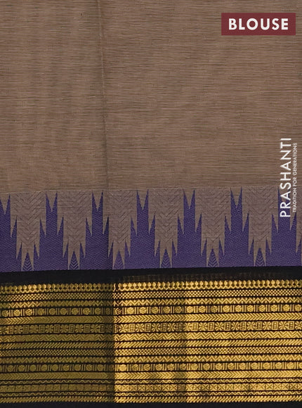 Chettinad cotton saree chikku shade and black with thread woven buttas and temple design zari woven border