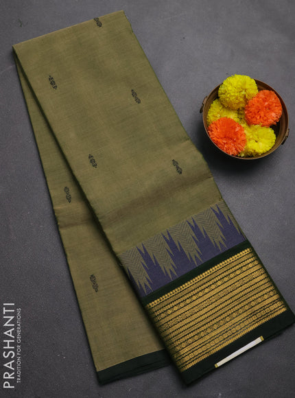 Chettinad cotton saree elaichi green and bottle green with thread woven buttas and temple design zari woven border