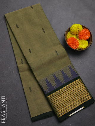 Chettinad cotton saree elaichi green and bottle green with thread woven buttas and temple design zari woven border