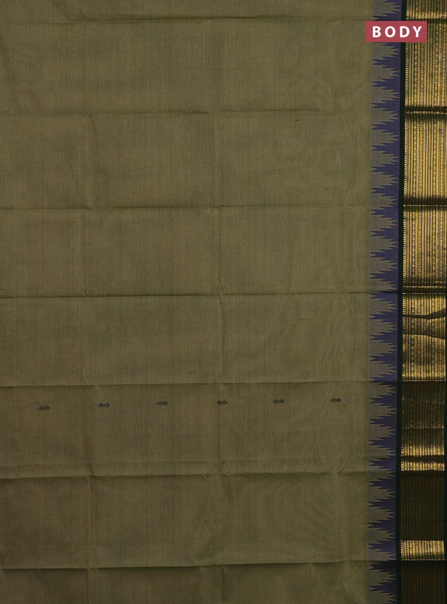 Chettinad cotton saree elaichi green and bottle green with thread woven buttas and temple design zari woven border