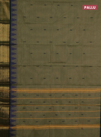 Chettinad cotton saree elaichi green and bottle green with thread woven buttas and temple design zari woven border