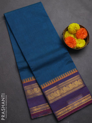 Chettinad cotton saree peacock blue and purple with plain body and temple design zari woven border