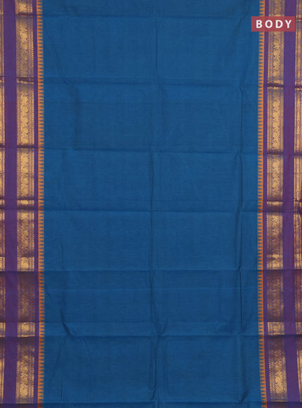 Chettinad cotton saree peacock blue and purple with plain body and temple design zari woven border