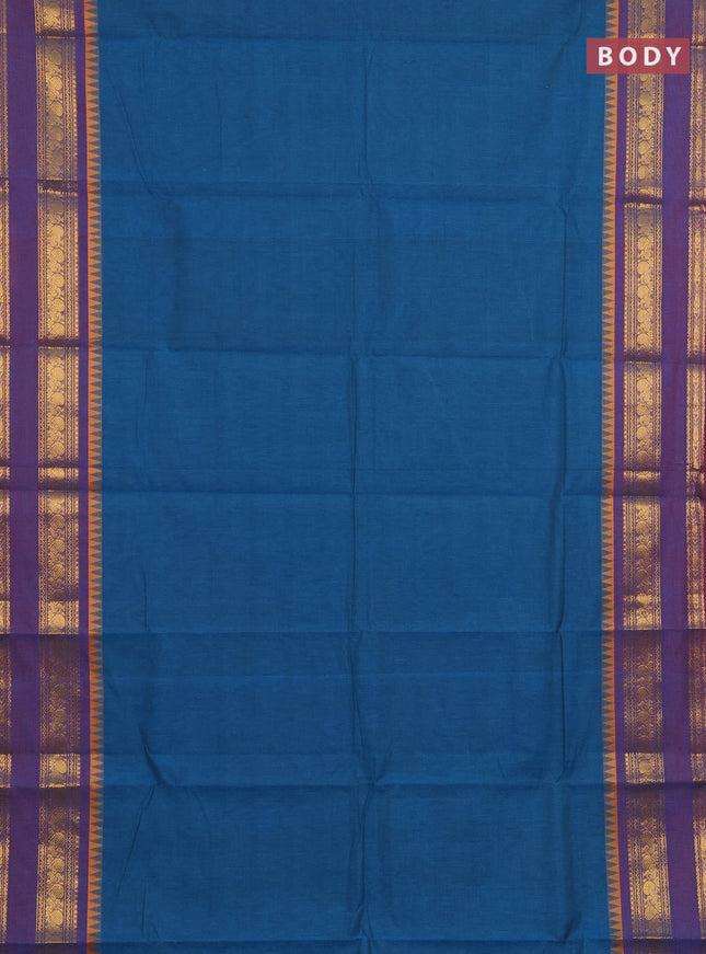 Chettinad cotton saree peacock blue and purple with plain body and temple design zari woven border
