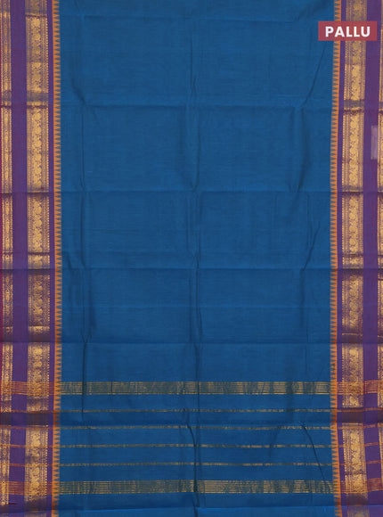 Chettinad cotton saree peacock blue and purple with plain body and temple design zari woven border