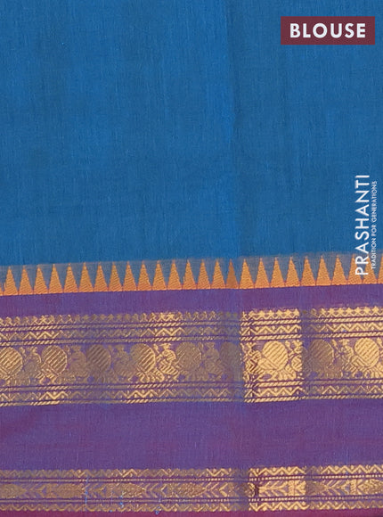 Chettinad cotton saree peacock blue and purple with plain body and temple design zari woven border