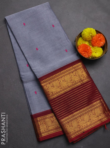 Chettinad cotton saree grey  and maroon with thread woven buttas and long zari woven border