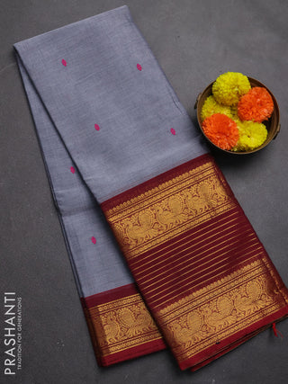 Chettinad cotton saree grey  and maroon with thread woven buttas and long zari woven border