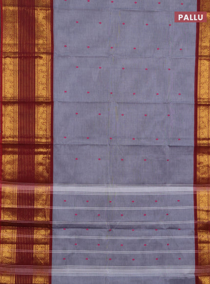 Chettinad cotton saree grey  and maroon with thread woven buttas and long zari woven border