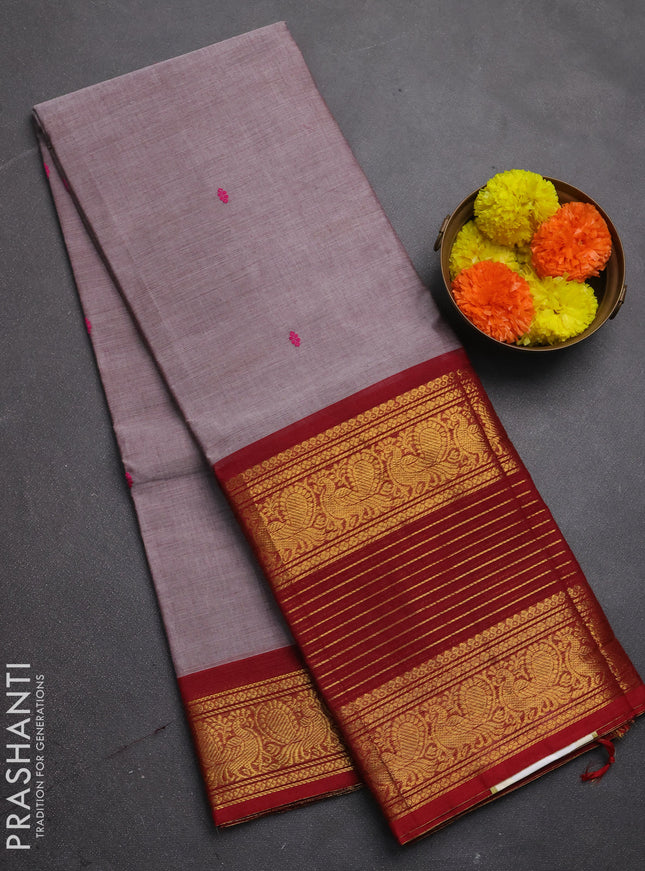 Chettinad cotton saree greyish brown and maroon with thread woven buttas and long zari woven border