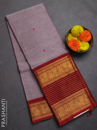 Chettinad cotton saree greyish brown and maroon with thread woven buttas and long zari woven border