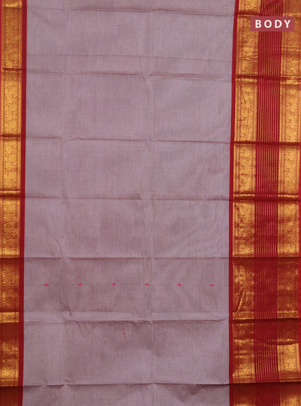Chettinad cotton saree greyish brown and maroon with thread woven buttas and long zari woven border