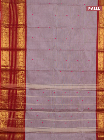 Chettinad cotton saree greyish brown and maroon with thread woven buttas and long zari woven border